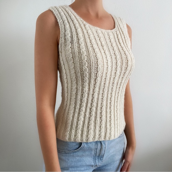 Vintage Tops - Vintage 60s cream handmade knit sweater vest top tank blouse